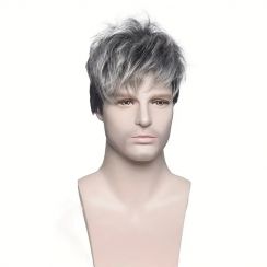 2 Pcs Gray Gradient Color Mens Short Curly Wig