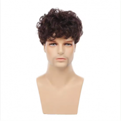 2 Pcs Mens Curly Brown Short Layered Fluffy Wig